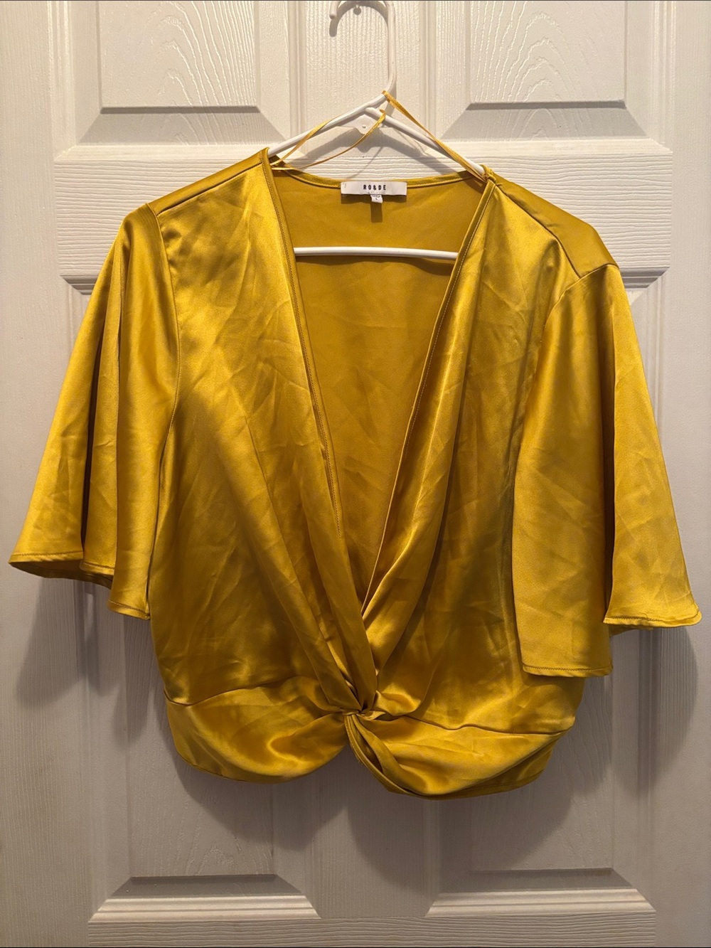 Ro & De Mustard Satin Knot-Front Blouse